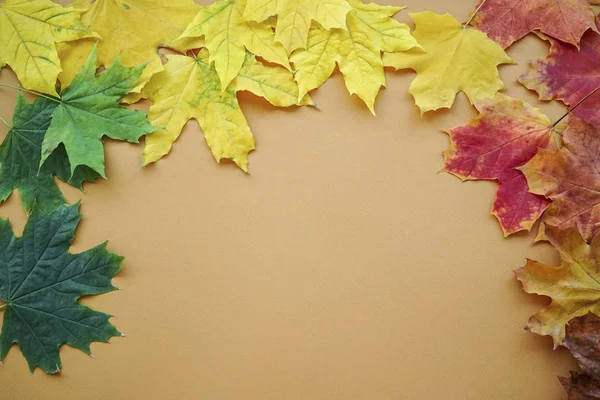 Herfst bladeren op een bruine achtergrond. Vlakke plaat. — Stockfoto