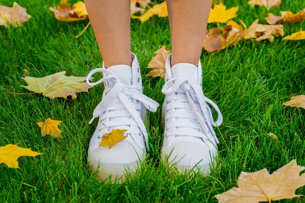 Autumn concept. Legs of a girl in autumn park in white shoes on a green lawn, autumn leaves concept.