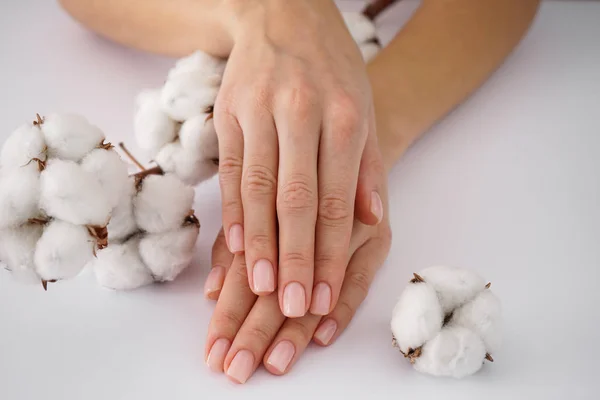 Hands of a young woman on white cotton flowers on a white background. Female manicure. Cotton flower. Close-up. — Stock Photo, Image