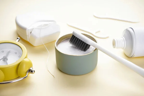 White Toothbrush Tooth Powder Yellow Background Close Morning Concept — Stock Photo, Image