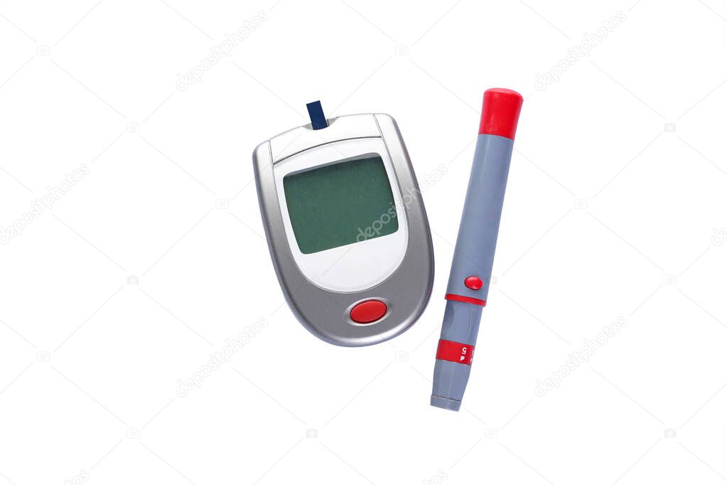Digital glucometer and lancet pen isolated on white background. Diabetes.