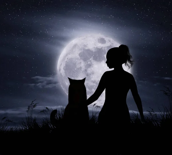 Luna y chica con gato bw — Foto de Stock