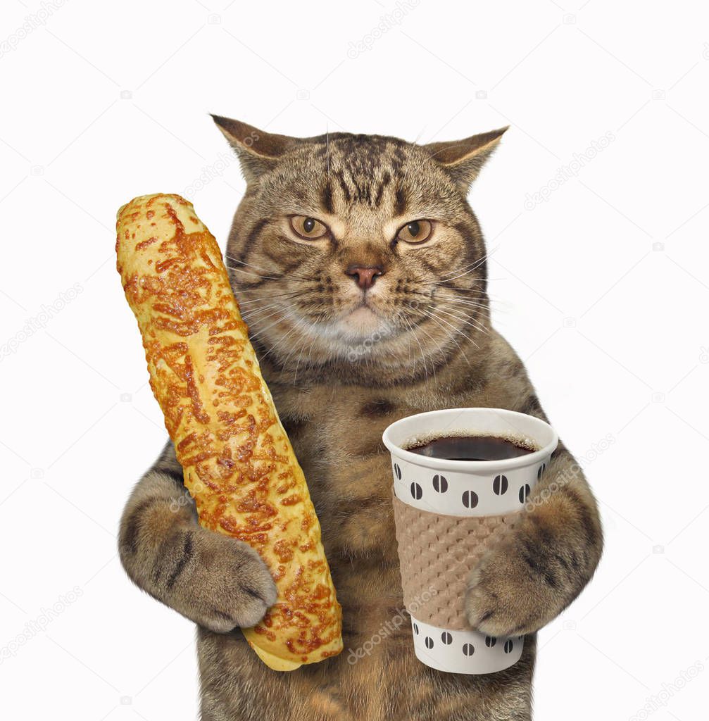 Cat with coffee and baguette