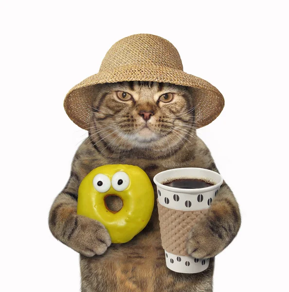 Kot z żółtym pączek i kawa — Zdjęcie stockowe