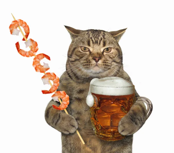 Γάτα με ποτήρι μπύρας και γαρίδες — Φωτογραφία Αρχείου