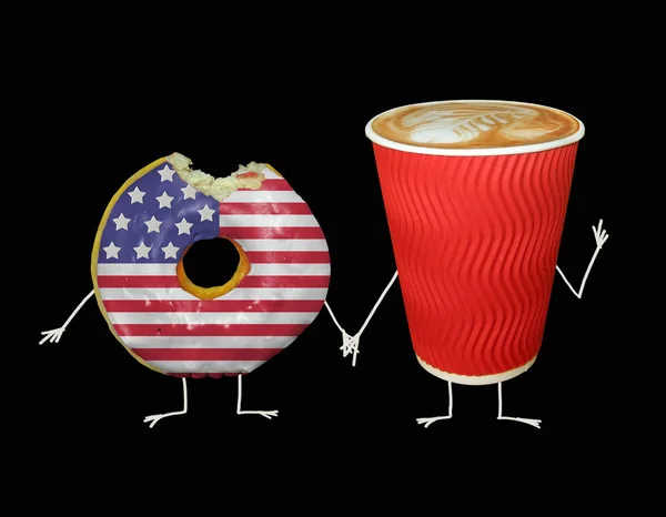 Cup of coffee with usa donut — 스톡 사진