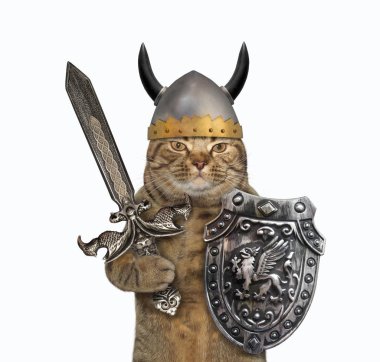 Boynuzlu kedi miğferinde viking yapıyor