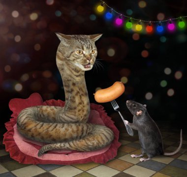 Fare, kedi yılan 2 'ye sosis verir.