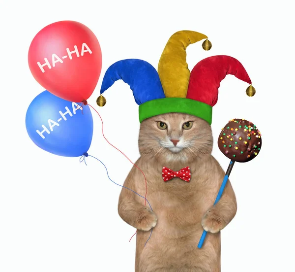 Cat clown with cake pop and balloons — 스톡 사진