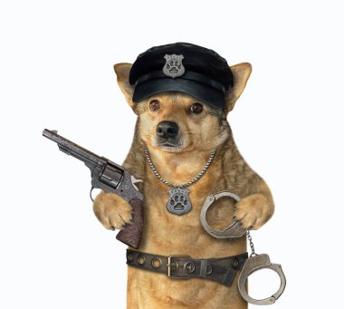 Tabancalı ve kelepçeli köpek polis.