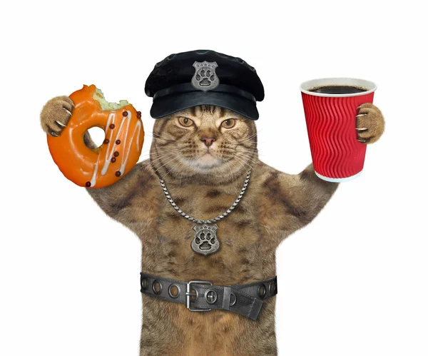 Kočičí policajt s kávou a koblihou — Stock fotografie