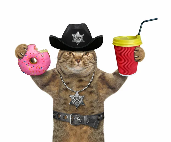 Cat cop med kaffe og donut 3 - Stock-foto