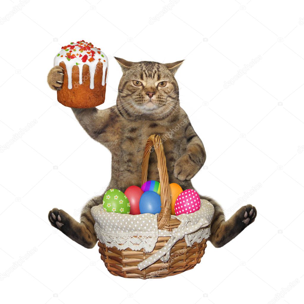 The beige cat is sitting with a easter cake and a wicker basket of colorful eggs. White background. Isolated.