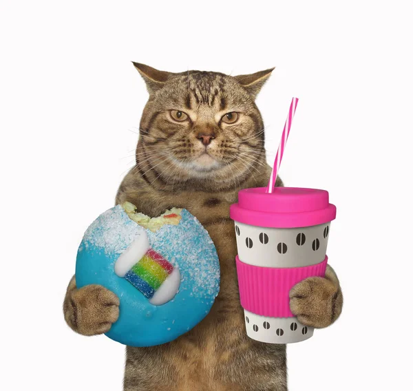 Beige Cat Holding Blue Bitten Donut Pink Paper Cup Coffee Stock Photo