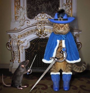 Kılıçlı fare ve mavi silahşör üniformalı kedi eski kaledeki şöminenin yanında duruyorlar..