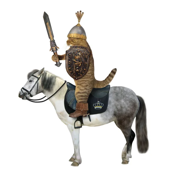 The beige cat warrior in a helmet with feathers with a shield with a dragon and an inlaid sword rides a gray horse. White background. Isolated.