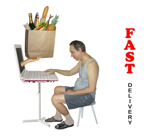 Han Gör Matbeställning Internet Från Sin Dator Hand Ger Honom — Stockfoto