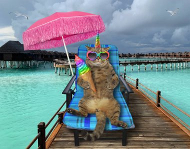 Kalp şeklinde güneş gözlüklü bej renkli kedi tekboynuz plaj koltuğunda oturuyor ve denizdeki pembe şemsiyenin altındaki ahşap iskelede gökkuşağı dondurması yiyor..