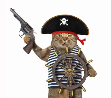 Geminin dümeninde silahlı korsan üniformalı bej kedi var. Beyaz arka plan. İzole edilmiş.