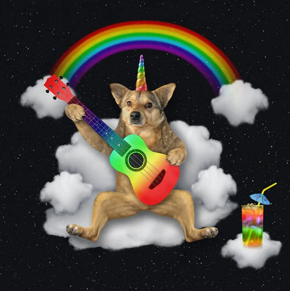 The beige dog unicorn is playing the acoustic guitar and singing a song on a cloud sofa under the rainbow at night. He drinks a cocktail. Stars background.