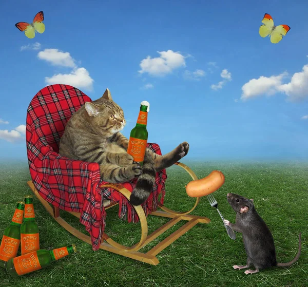 The beige cat in a rocking chair is drinking beer on grass in the meadow. The black rat feeds him a sausage on a fork. Butterflies fly next to them.
