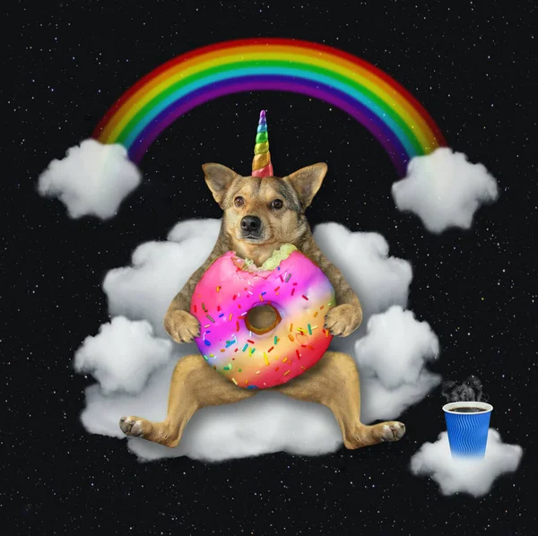 The beige dog unicorn is sitting on the cloud sofa under the rainbow at night. He eats a pink donut with black coffee. Stars background.