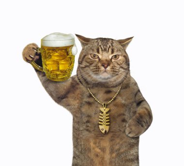 Altın balık kemiği kolyesindeki bej kedi bir kupadan hafif bira içiyor. Beyaz arka plan. İzole edilmiş.