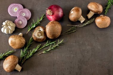 Taze mantar, soğan ve siyah bir arka plan üzerinde otlar. 