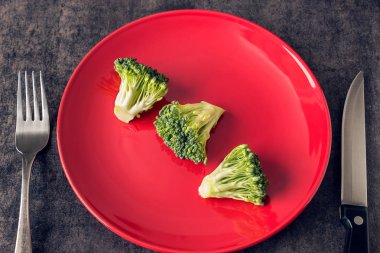 Brokoli kırmızı plaka üzerinde. Çatal ve bıçak. 