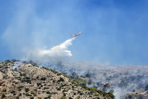 Firefighting plane extinguishes a fire on the hillside . Greece.