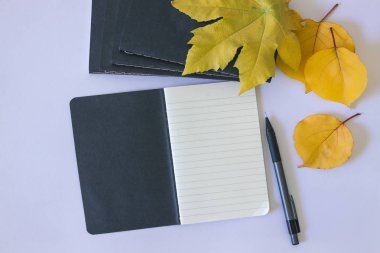 Beyaz bir arka planda notlar ve sarı yaprakları için siyah not defteri.