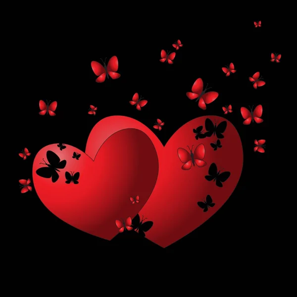 Fondo romántico de dos corazones, mariposas voladoras y sentado en el corazón. Tarjeta de felicitación. Concepto de San Valentín. Fondo negro . — Vector de stock