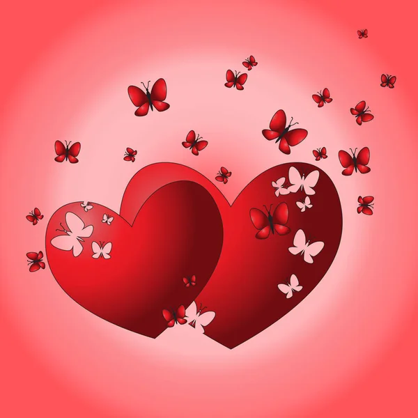 Fondo romántico de dos corazones, mariposas voladoras y sentado en el corazón. Tarjeta de felicitación. Concepto de San Valentín . — Vector de stock