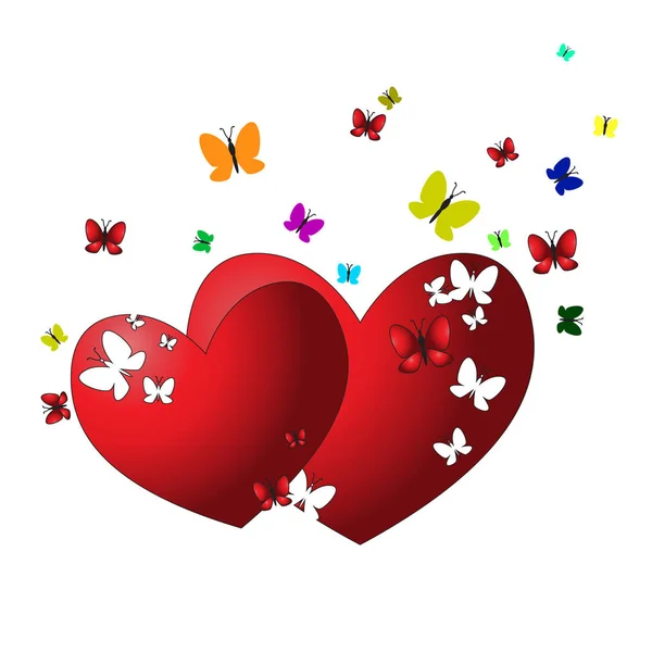 Romantic background of two hearts, flying butterflies and sittin  on the heart. — Stock Vector