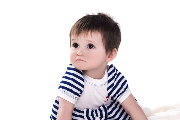 Retrato de bebê grave menina, isolado em branco — Fotografia de Stock