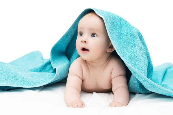 Baby girl or boy after shower with towel on head, isolated on wh — Stock Photo, Image