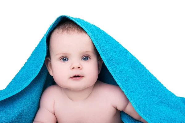 Baby girl or boy after shower with towel on head, isolated on wh — Stock Photo, Image