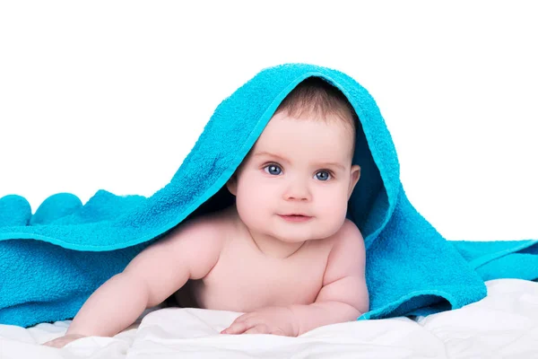 Baby girl or boy after shower with towel on head, isolated on wh — Stock Photo, Image