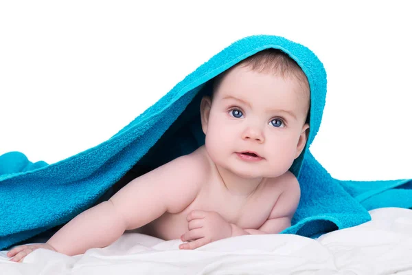 Baby girl or boy after shower with towel on head, isolated on wh — Stock Photo, Image