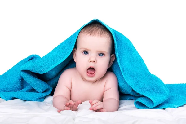 Baby girl or boy after shower with towel on head, isolated on wh — Stock Photo, Image