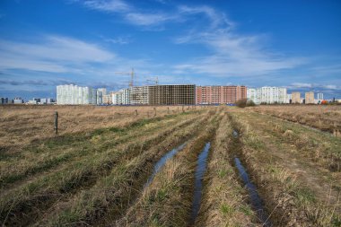 Tarıma elverişli arazisi olan tarım arazisi, çiftlik hayvanları için otlayan ve ufukta yüksek binalar inşa eden.