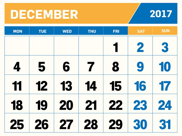 Dezembro 2017 Calendário — Vetor de Stock