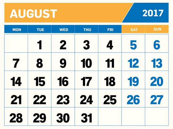 Август 2017 календарь — стоковый вектор