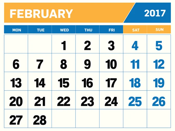 Calendario di febbraio 2017 — Vettoriale Stock