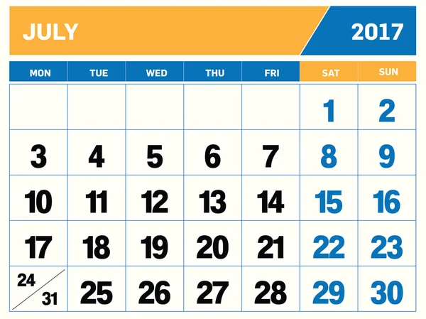 Iulie 2017 calendar — Vector de stoc