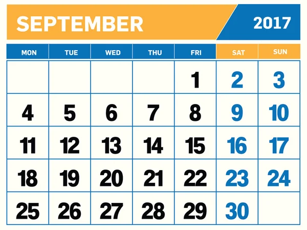 Calendario septiembre 2017 — Archivo Imágenes Vectoriales