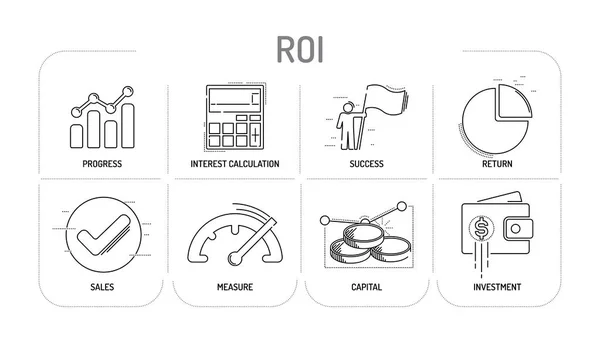 ROI - Line ikoner koncept — Stock vektor