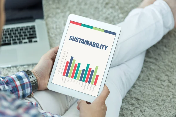Affärsdiagram och grafer på skärmen med hållbarhet titel — Stockfoto