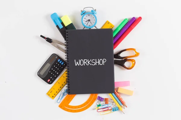 Caderno com inscrição WORKSHOP — Fotografia de Stock