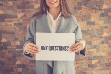 Woman presenting ANY QUESTIONS CONCEPT clipart